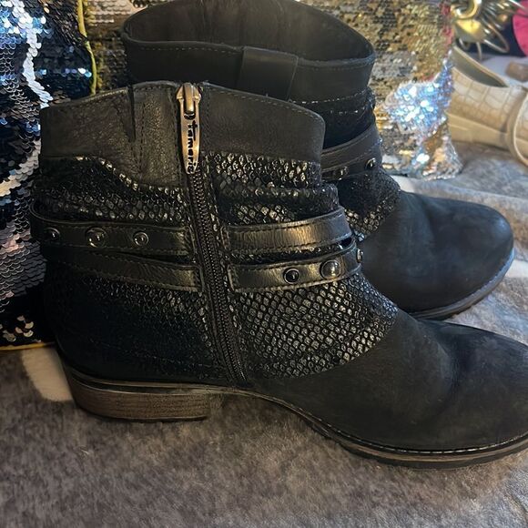 Sz 40/10 tamaris blAck parai leather moto booties:boot - Picture 4 of 7